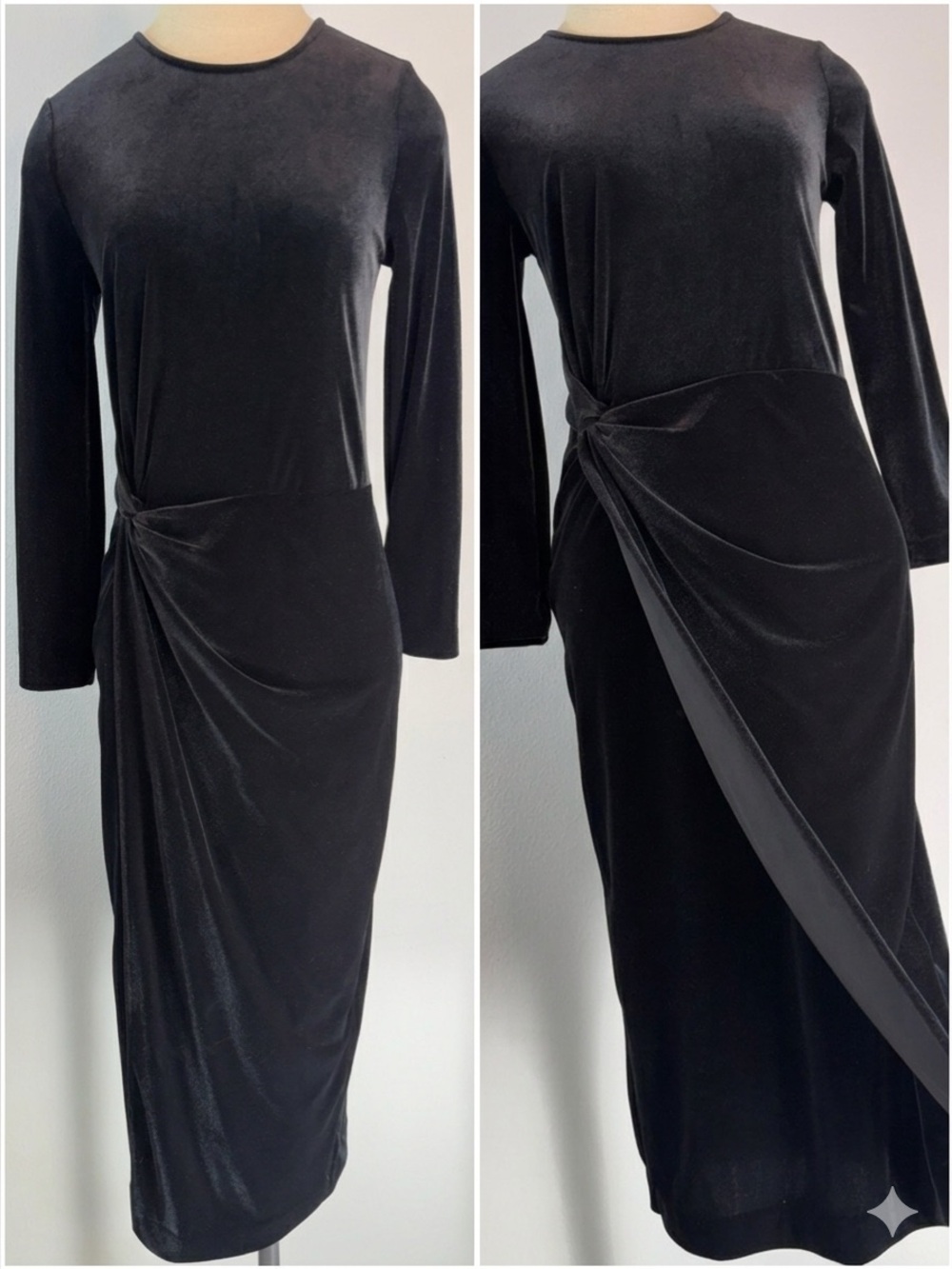 Banana Republic Black Velour Faux Wrap Midi Dress Whimsigoth Fairy Grunge Size 0